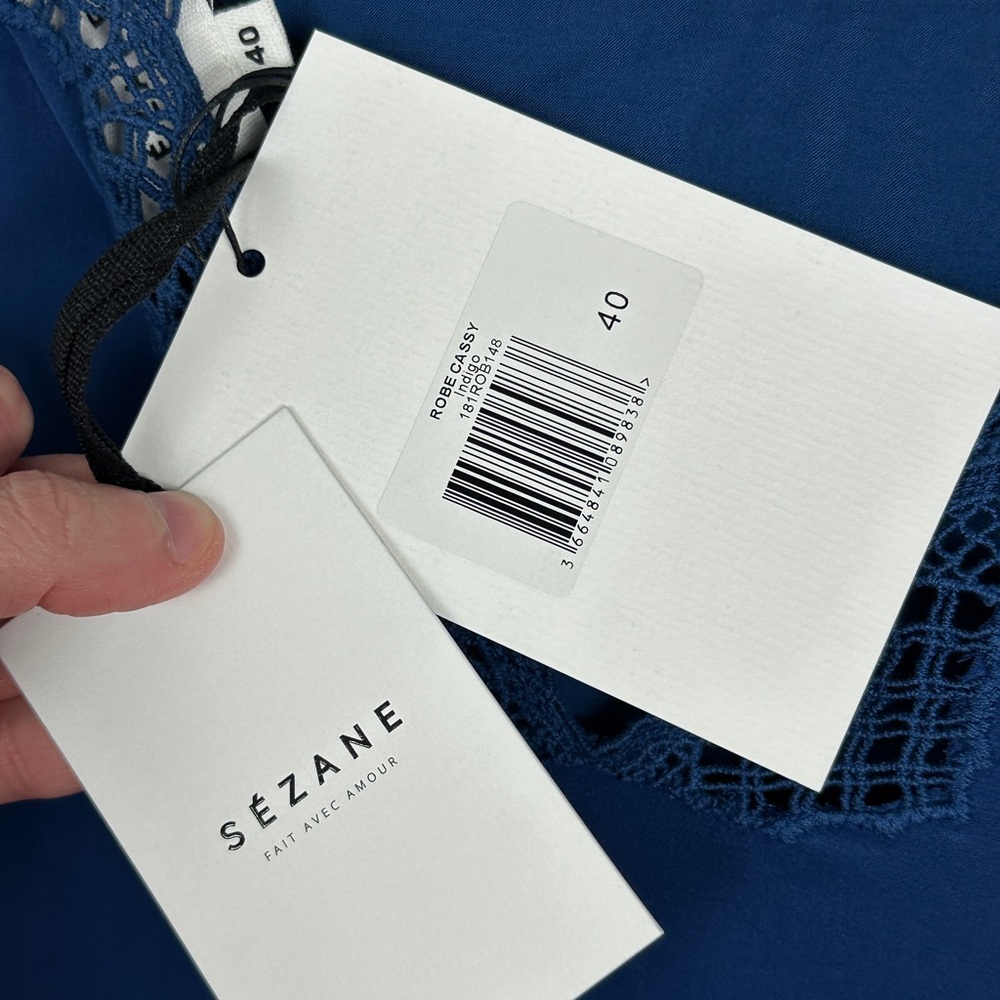 Sezane 100% Silk Cassy Dress Blue Size 40 French US 8 Lace Minimalist Shift NWT - Picture 5 of 16